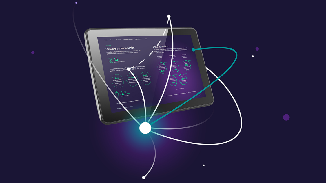 A tablet shows a chart with sustainability information